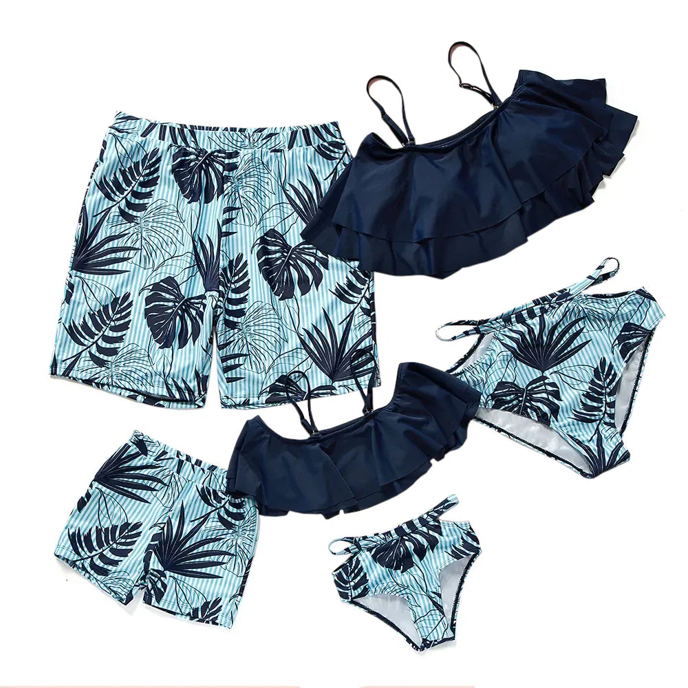 Family Badeanzug für Damen/Herren Blau Volant