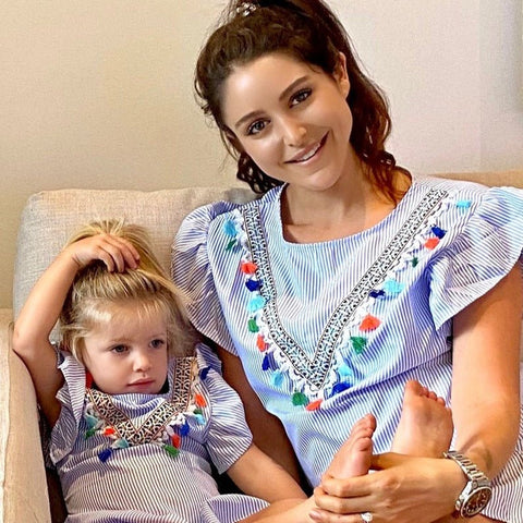 Mutter Tochter Kleid Boho mit Pompons