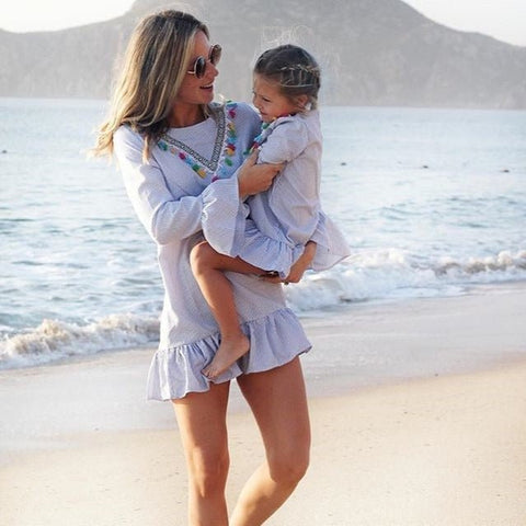 Mutter Tochter Kleid Boho mit Pompons