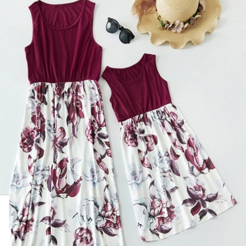 Mutter Tochter Kleid Bordeaux mit Blumenmuster