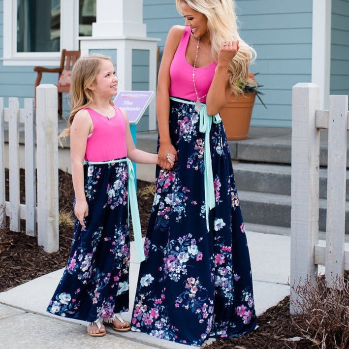 Mutter Tochter Kleid Lang Blau und Rosa