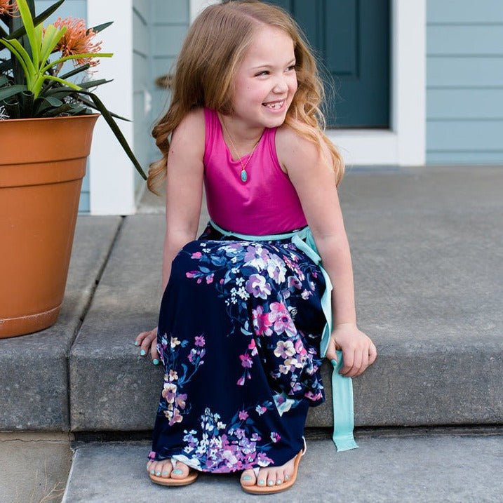 Mutter Tochter Kleid Lang Blau und Rosa