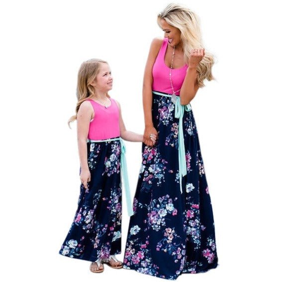 Mutter Tochter Kleid Lang Blau und Rosa