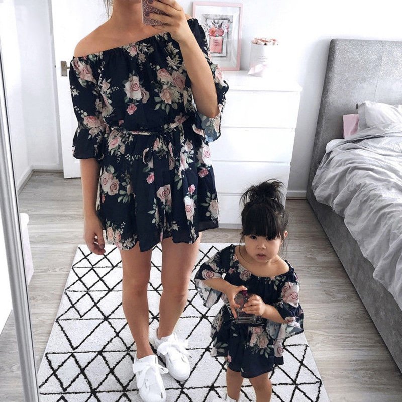 Mutter Tochter Kleid Marineblau