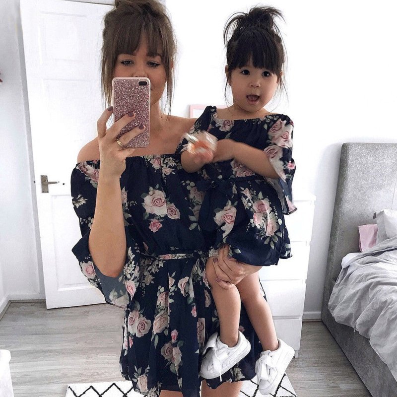 Mutter Tochter Kleid Marineblau