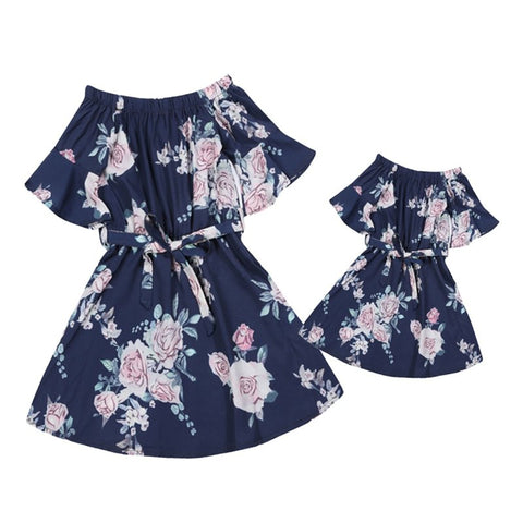 Mutter Tochter Kleid Marineblau
