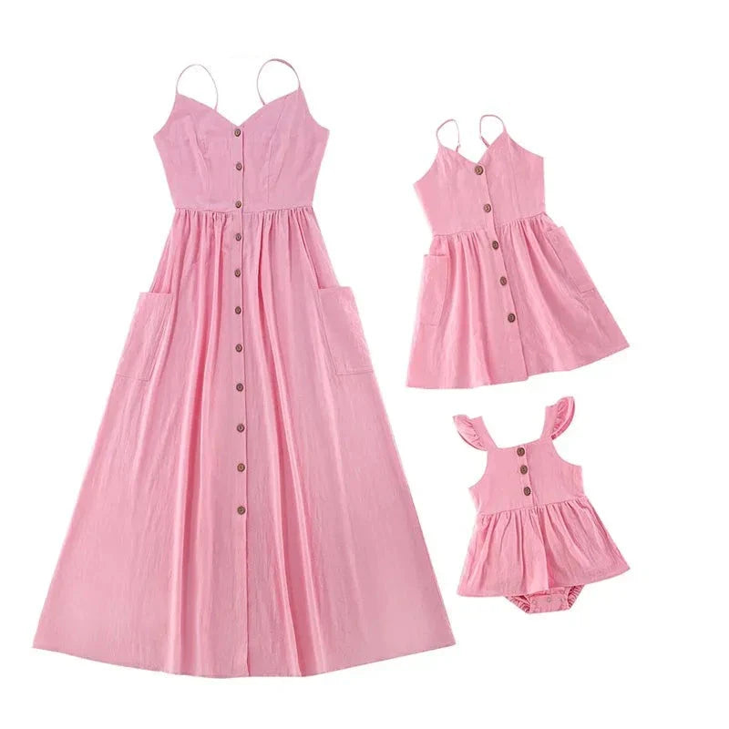 Mutter Tochter Kleid Vorne geknöpft fließend