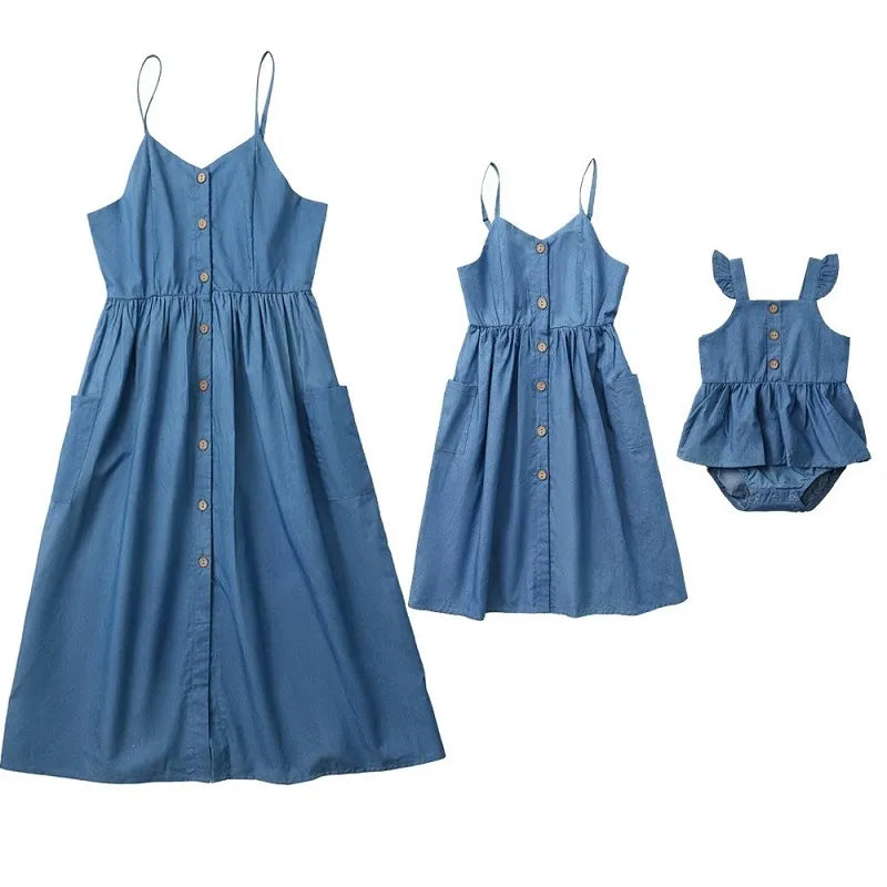 Mutter Tochter Kleid Vorne geknöpft fließend