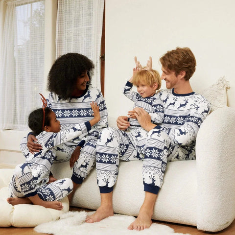 Weihnachts- Schlafanzug- Familie Weiß-blau gemustert
