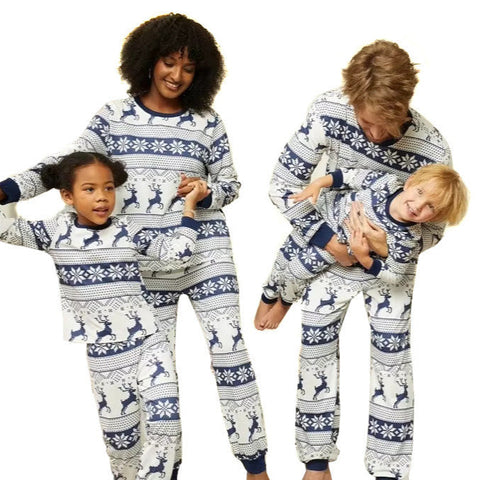 Weihnachts- Schlafanzug- Familie Weiß-blau gemustert